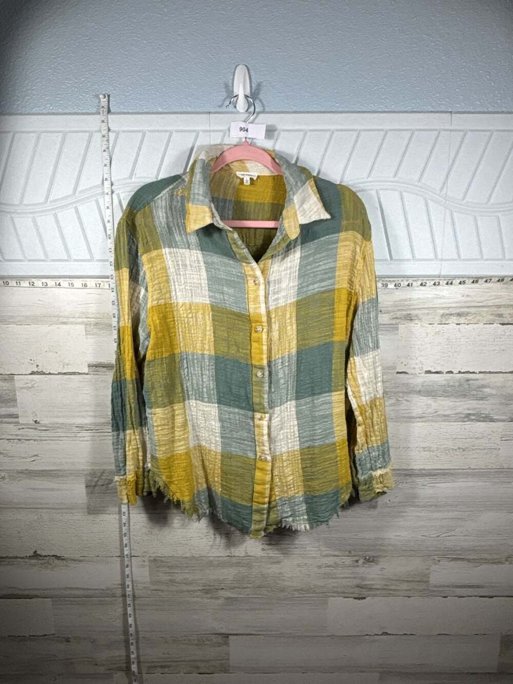 La Miel Women's Size L Yellow Green White Plaid Button Up Shirt
